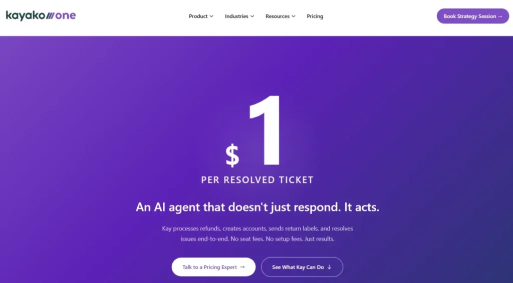 Kayako One pricing page showing Kay AI at $1 per resolved ticket