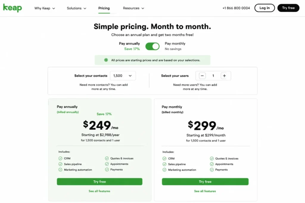 Keap pricing showing annual and monthly rates with contact and user selectors