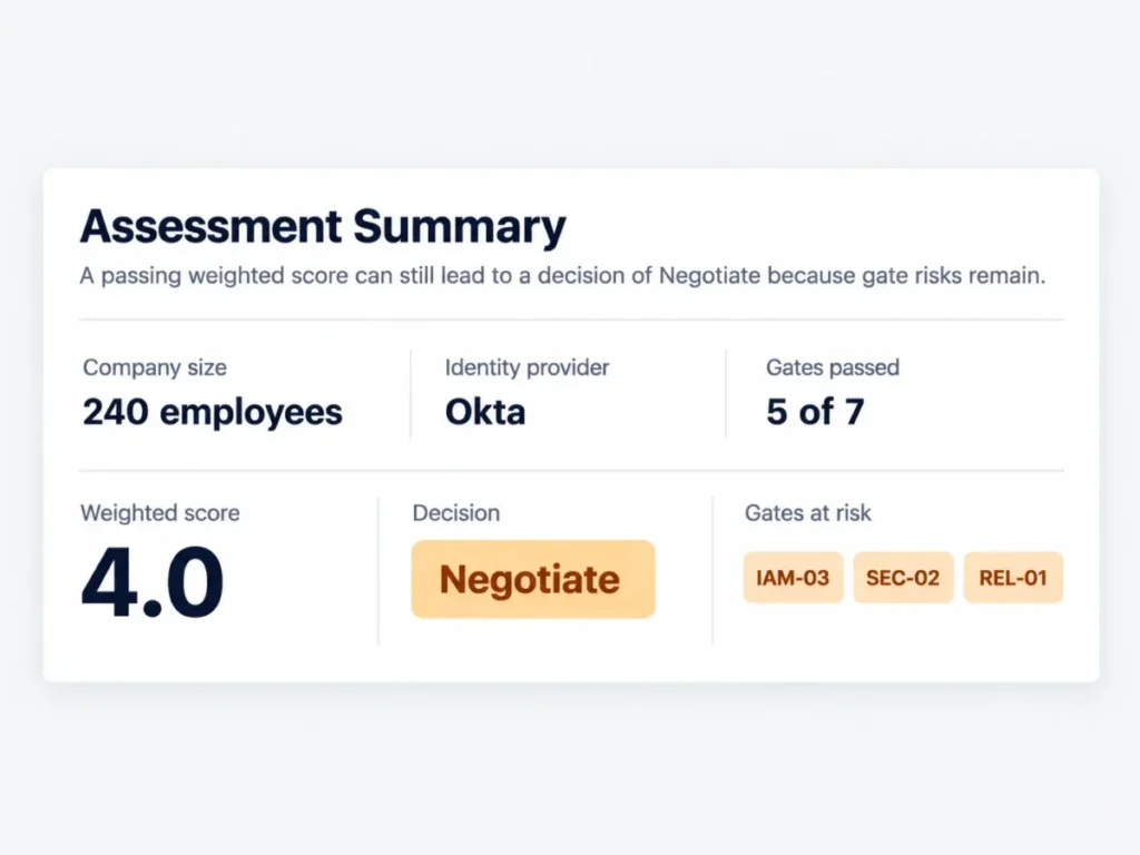 Knowledge base software assessment summary showing a 4.0 weighted score, 5 of 7 gates passed, and a Negotiate decision.