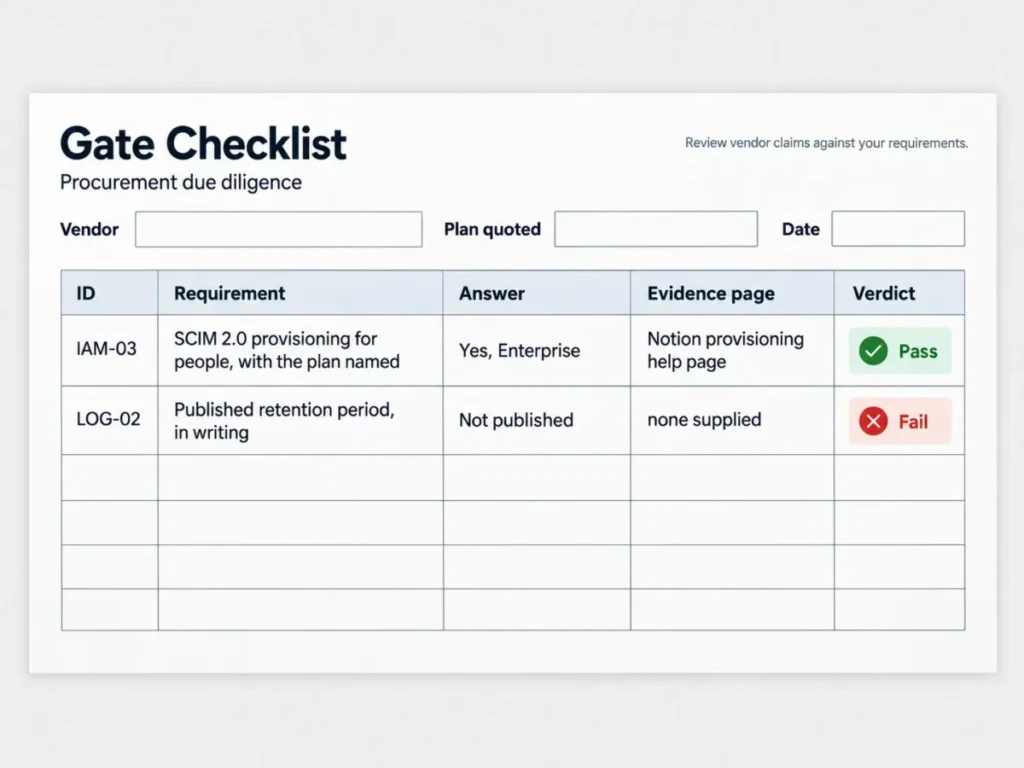 Knowledge base software requirements template showing IAM-03 SCIM provisioning and LOG-02 audit log retention gate checks.