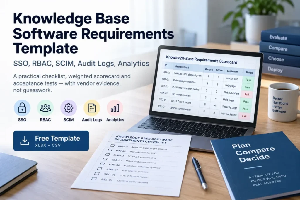 Knowledge base software requirements template with SSO, RBAC, SCIM, audit logs, analytics, weighted scorecard, and vendor evidence checklist.