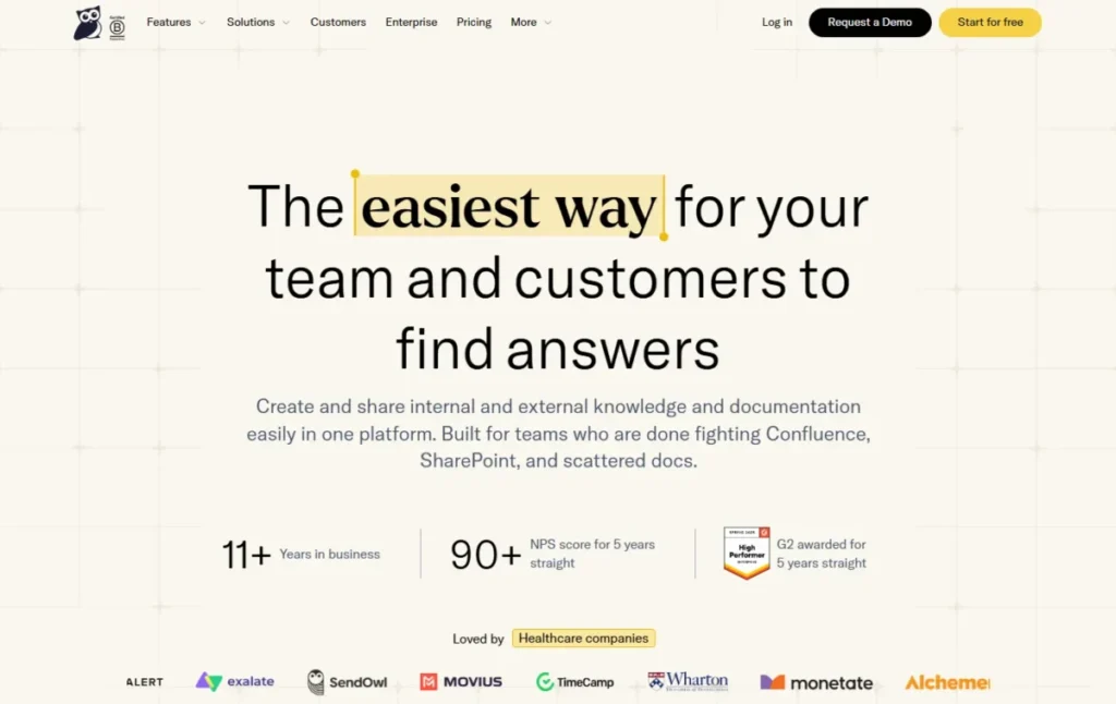 KnowledgeOwl homepage presenting a platform for creating and sharing internal and external knowledge bases and documentation.