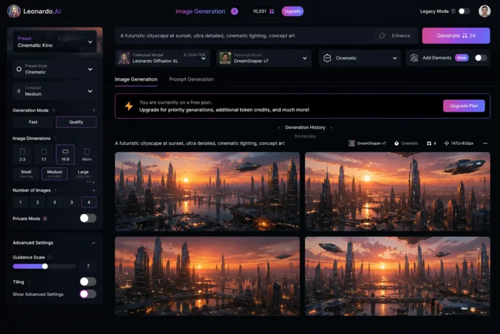 Leonardo.Ai generation canvas showing personal AI model and preset options