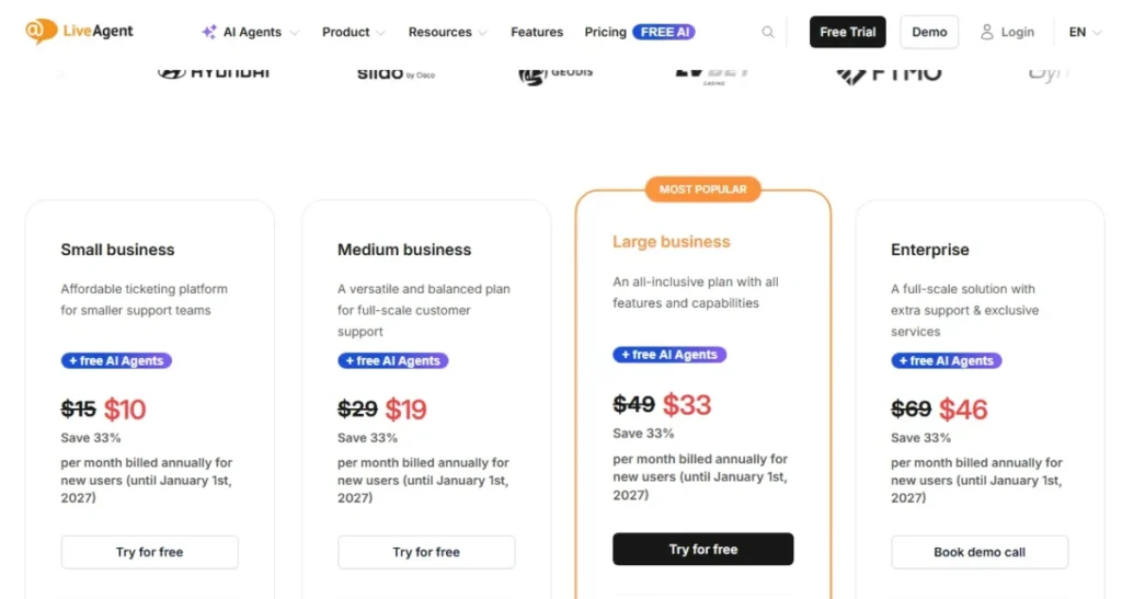 LiveAgent pricing page showing Small business, Medium business, Large business, and Enterprise plans