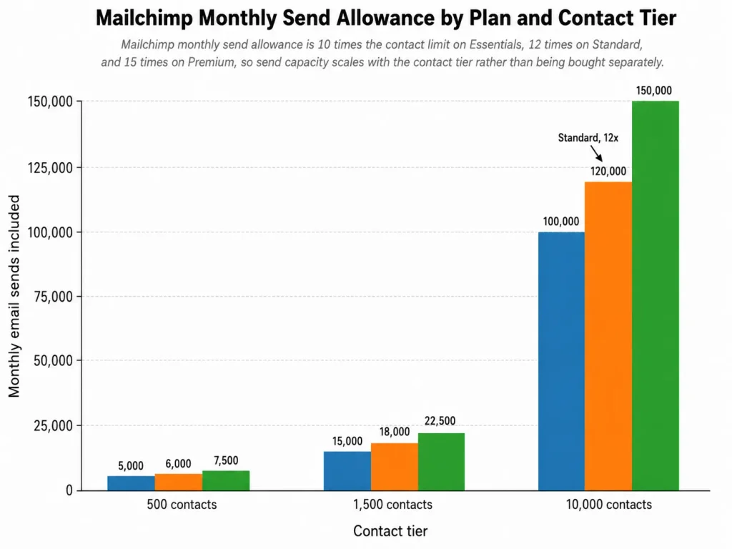 Grouped bar chart showing Mailchimp monthly send allowance by plan at 500, 1,500, and 10,000 contacts