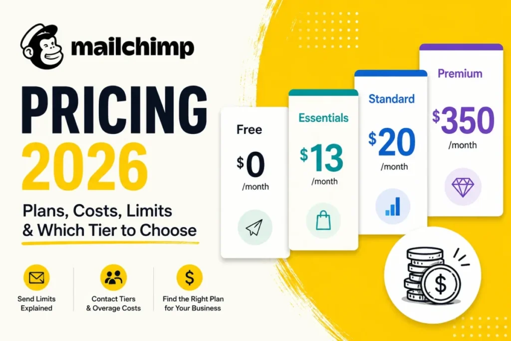 Mailchimp Pricing 2026 featured image showing Free, Essentials, Standard, and Premium plan prices