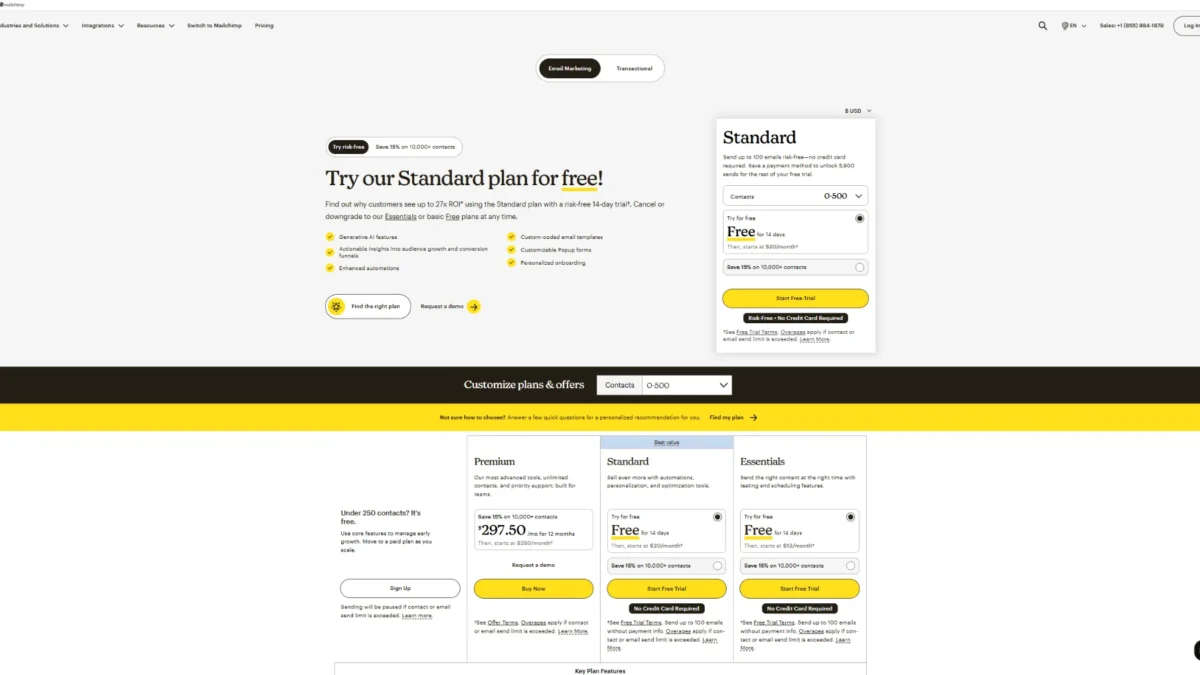 Mailchimp pricing plans in USD for Free, Essentials, Standard, and Premium
