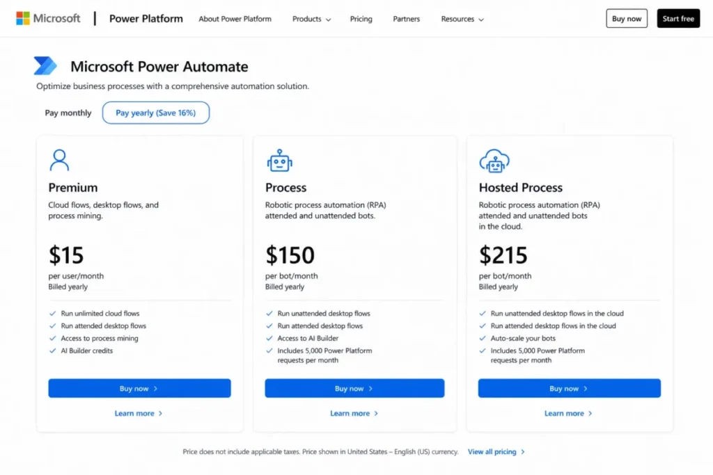 Microsoft Power Automate yearly pricing page showing Premium at $15 per user per month, Process at $150 per bot per month, and Hosted Process at $215 per bot per month.