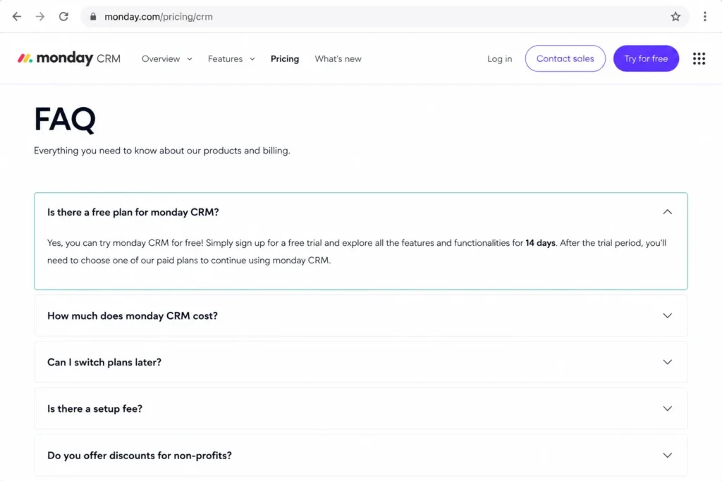 monday CRM pricing FAQ showing 14-day free trial instead of a free forever plan
