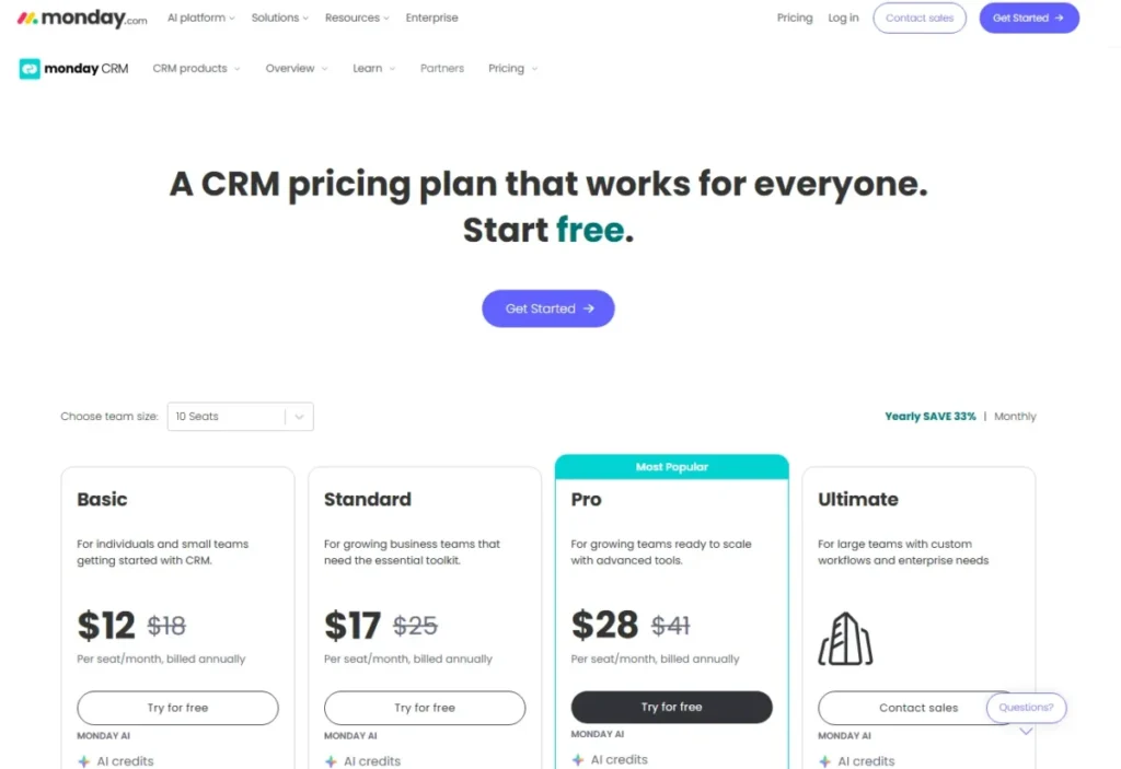 monday CRM pricing showing Basic, Standard, Pro, and Ultimate plans for 10 seats