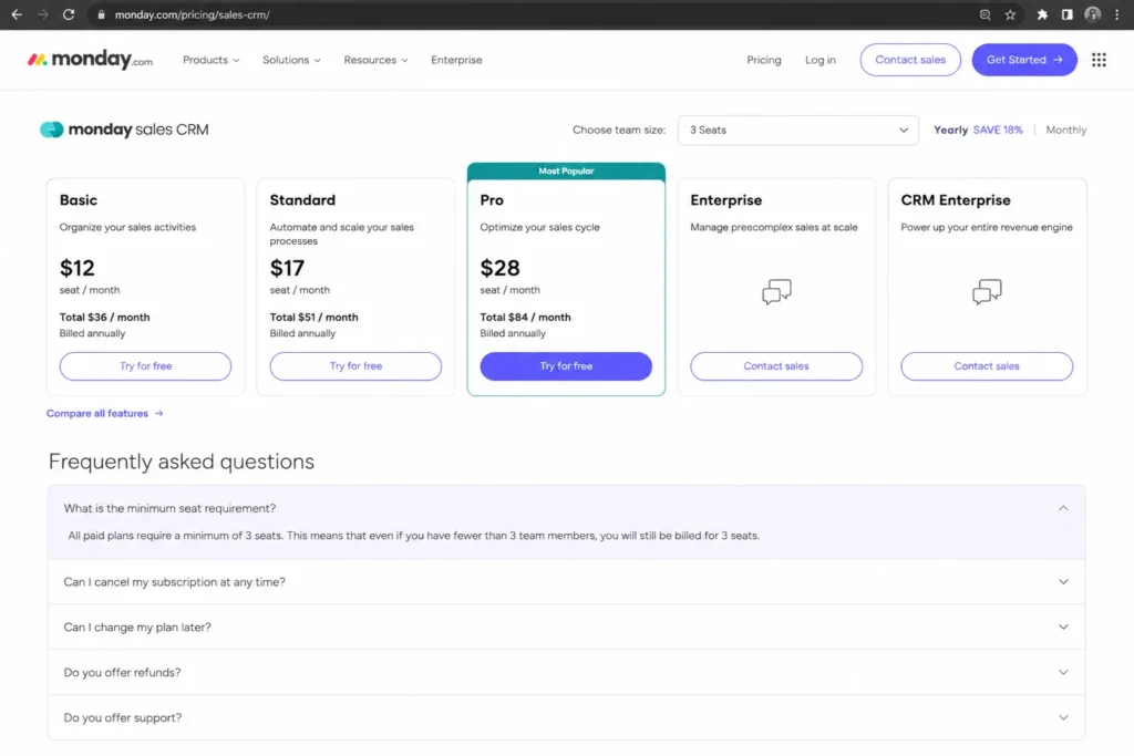 monday sales CRM pricing page mockup showing paid plans with a 3-seat minimum FAQ