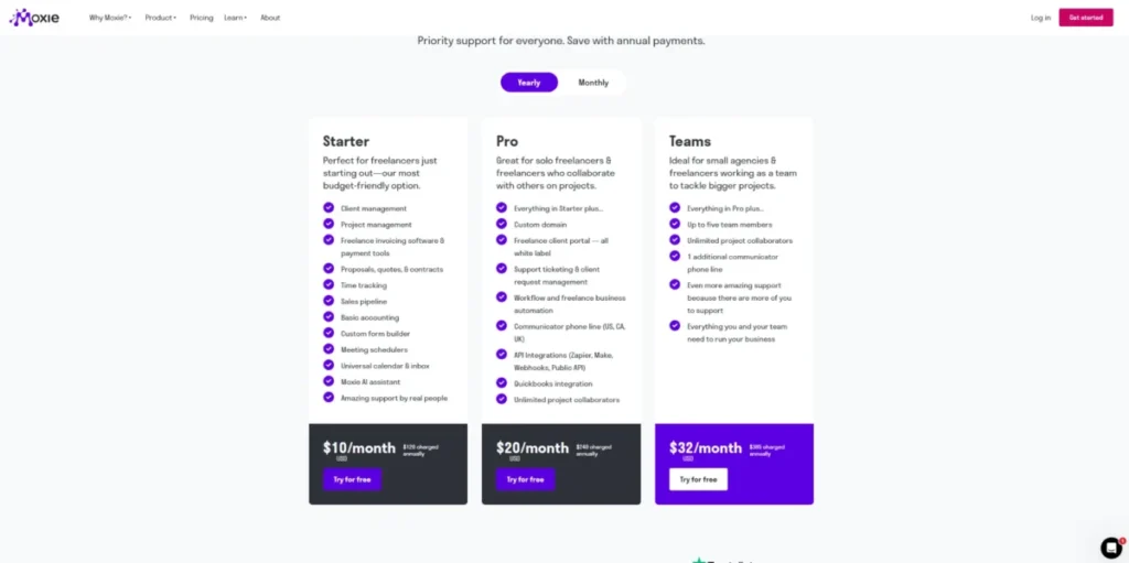 Moxie pricing page showing Starter, Pro, and Teams plans with yearly billing selected