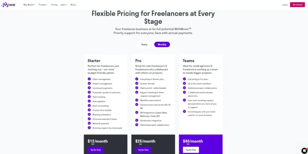 Moxie pricing page showing Starter, Pro, and Teams plans with monthly billing selected