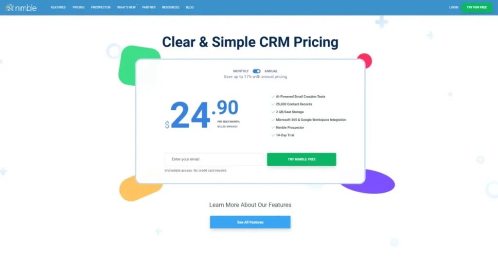 Nimble CRM pricing page showing clear and simple CRM pricing at $24.90 per seat per month with a 14-day free trial