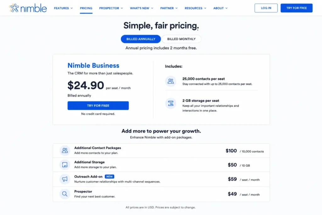Nimble CRM pricing showing the Business plan, contact and storage limits, and paid add-ons
