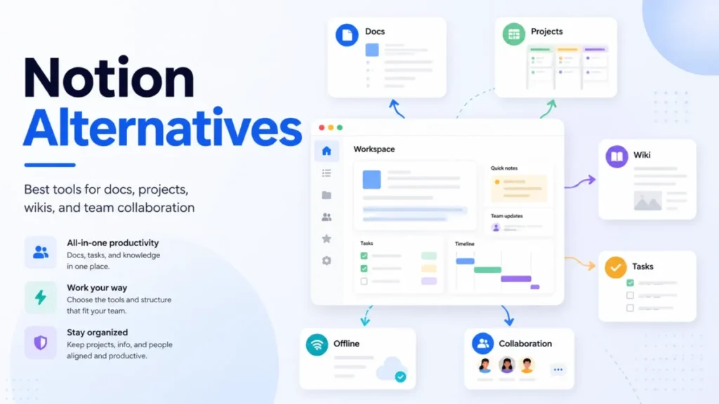 Notion alternatives for documents, project management, team wikis, offline work and collaboration.