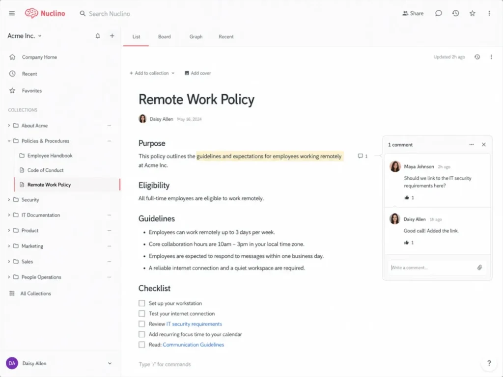 Nuclino review 2026 showing the editor interface, collection sidebar, and inline comments