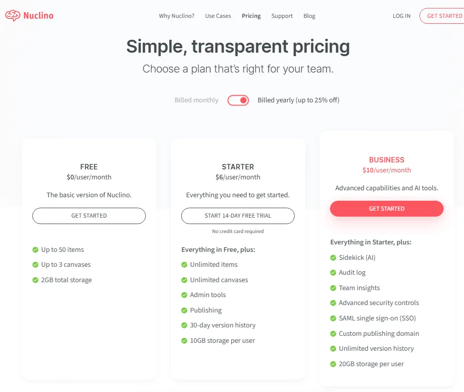 Nuclino review 2026 pricing showing Free, Starter $6, and Business $10 yearly plans