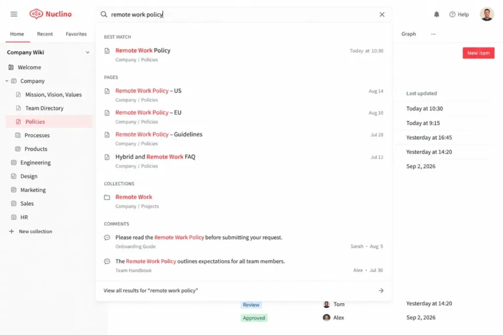 Nuclino review 2026 showing instant search results for team wiki documentation