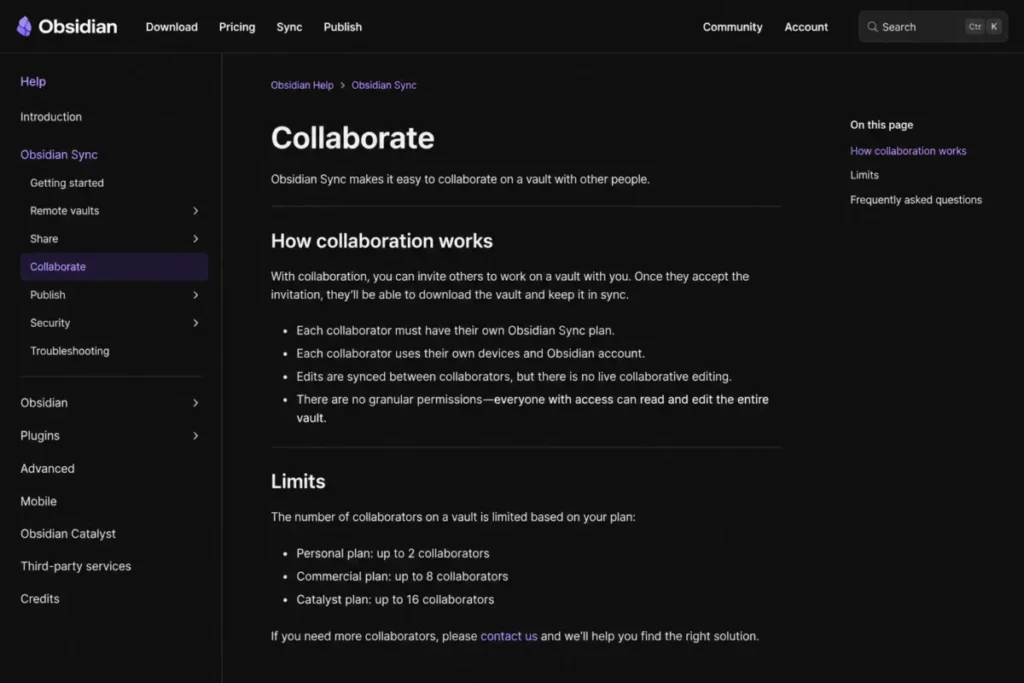Obsidian Help page showing Sync collaboration limits, including required Sync plans, no live co-editing and no granular vault permissions.