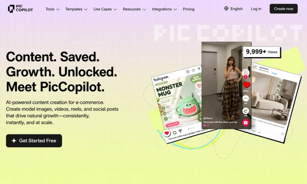 PicCopilot homepage hero section showing AI-powered ecommerce content creation for model images, videos, reels, and social posts.