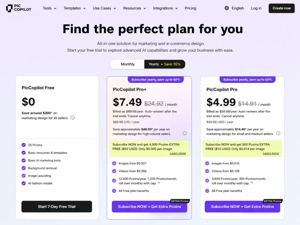 PicCopilot pricing page showing Free, Pro Plus, and Pro plans with yearly billing and Pcoin details.
