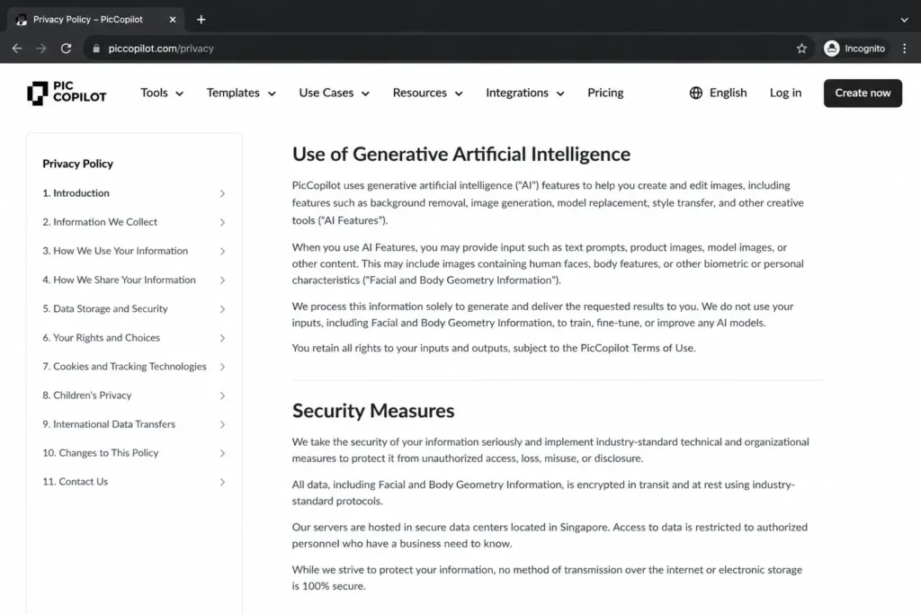 PicCopilot privacy policy page showing generative AI data use and security measures.