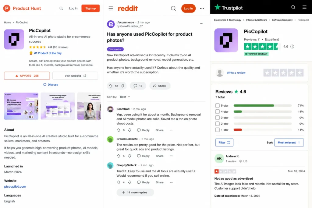 Side-by-side PicCopilot review source quality mockup showing Product Hunt, Reddit, and Trustpilot sentiment.