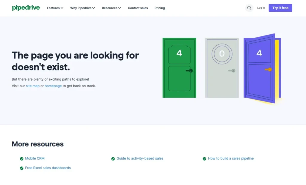 Pipedrive 404 error page showing the message “The page you are looking for doesn’t exist” with resource links.