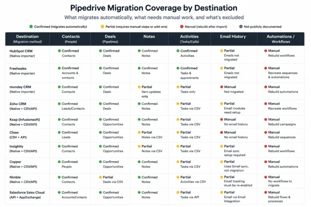 Pipedrive migration coverage matrix comparing contacts, deals, notes, activities, email history, and automations across CRM destinations