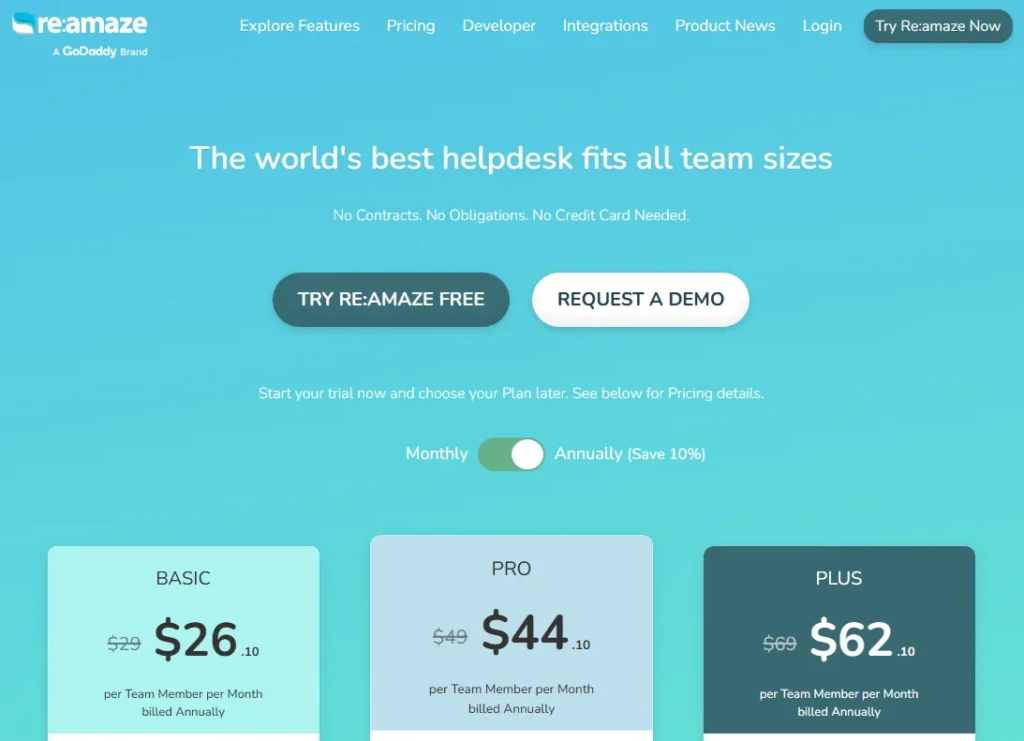 Re:amaze pricing page showing Basic, Pro, and Plus annual plans
