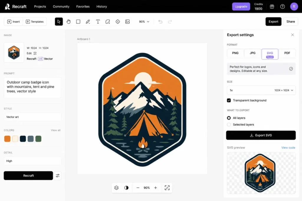 Recraft interface showing a generated vector icon with SVG export settings