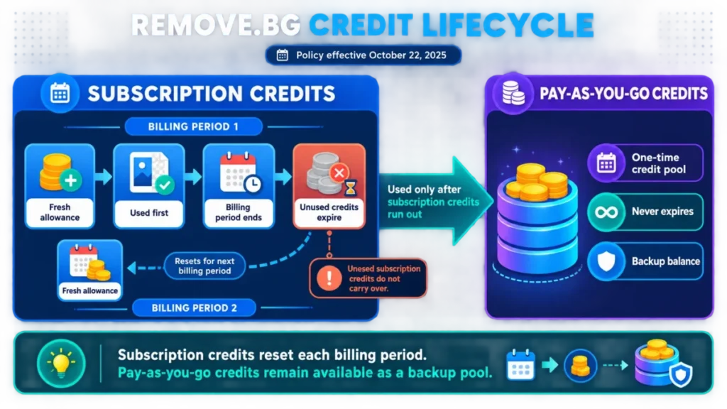 Remove.bg credit lifecycle showing subscription credits expiring each billing period and Pay-as-you-go credits remaining as backup.