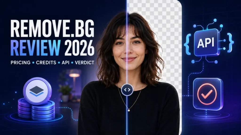 Remove.bg Review 2026 featured image showing background removal, pricing credits, API access, and verdict.