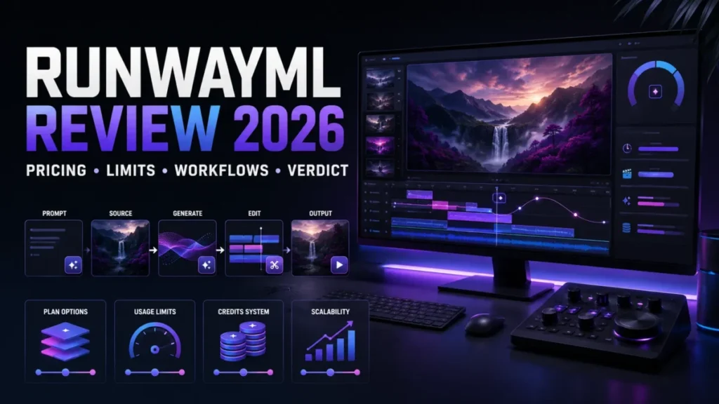 RunwayML Review 2026 showing AI video workflows, pricing and usage limits