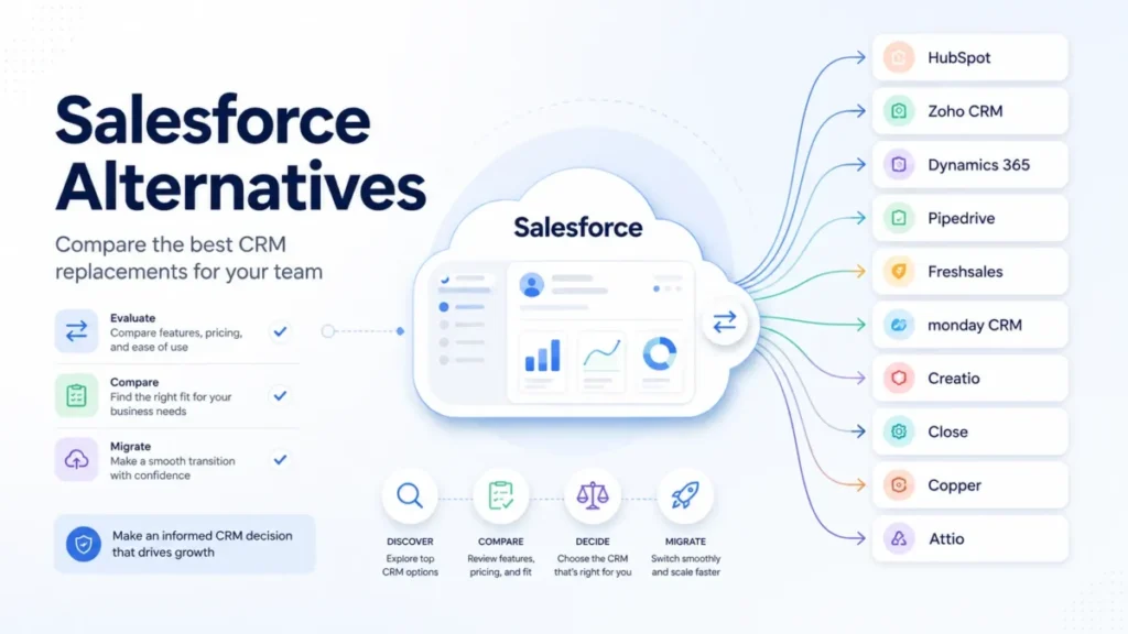 Salesforce Alternatives featured image comparing HubSpot, Zoho CRM, Dynamics 365, Pipedrive, Freshsales, monday CRM, Creatio, Close, Copper, and Attio.