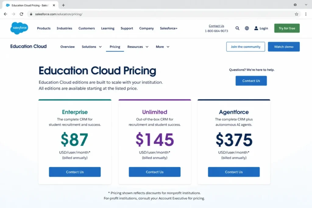 Salesforce Education Cloud pricing page showing Enterprise, Unlimited, and Agentforce pricing tiers for nonprofit institutions.