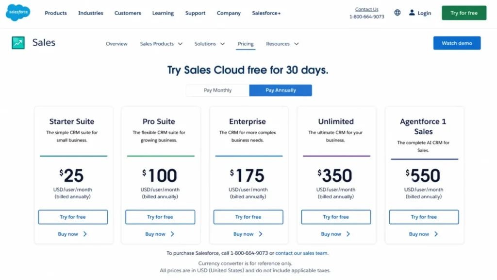 Salesforce Sales Cloud pricing showing Starter Suite, Pro Suite, Enterprise, Unlimited, and Agentforce 1 Sales