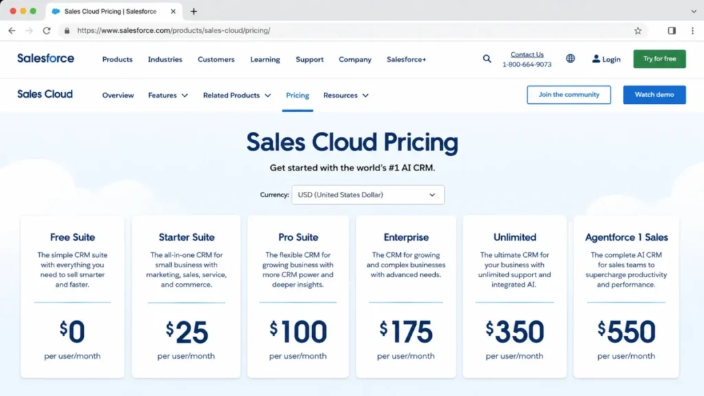 Salesforce Sales Cloud pricing page showing six plans from Free Suite at $0 to Agentforce 1 Sales at $550 per user per month.