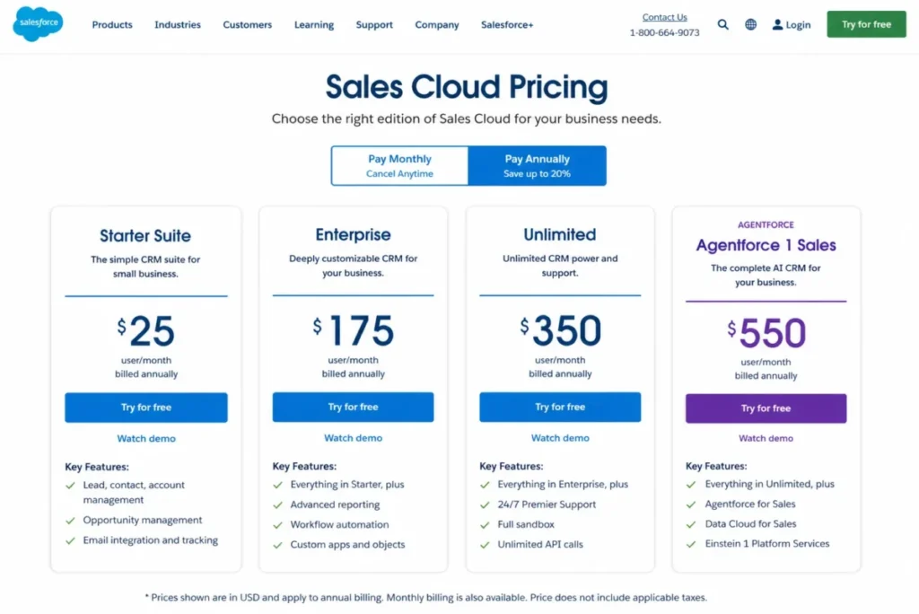 Salesforce Sales Cloud pricing showing Starter Suite, Enterprise, Unlimited, and Agentforce 1 Sales plans