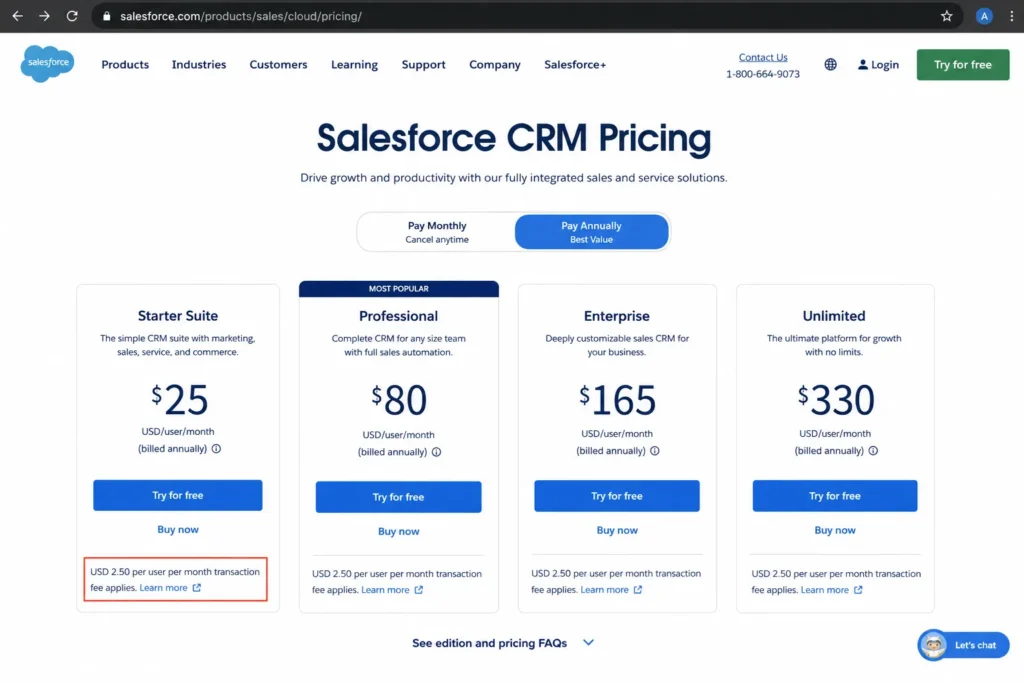 Salesforce CRM pricing page mockup showing Starter Suite price and transaction fee note