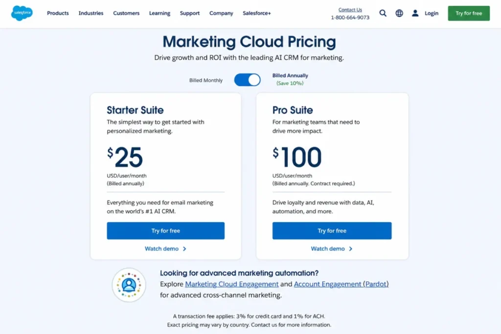 Salesforce Starter Suite and Pro Suite pricing showing $25 and $100 per user per month