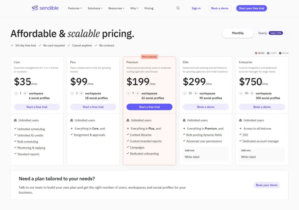Sendible pricing page showing Core, Plus, Premium, Elite, and Enterprise plans with monthly pricing and free trial options