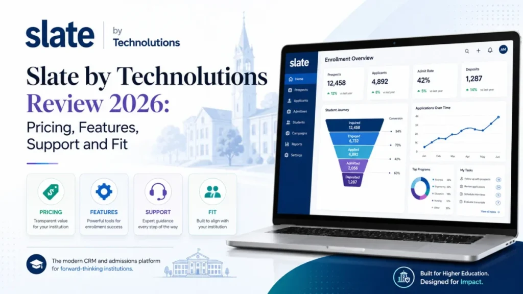 Slate by Technolutions Review 2026 featured image showing an admissions CRM dashboard with pricing, features, support, and fit.