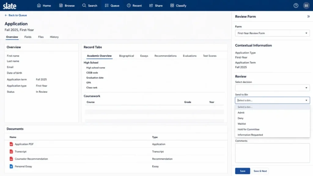 Slate Reader interface showing an application record, review tabs, Queue navigation, Review Form panel, and the Send to Bin control.