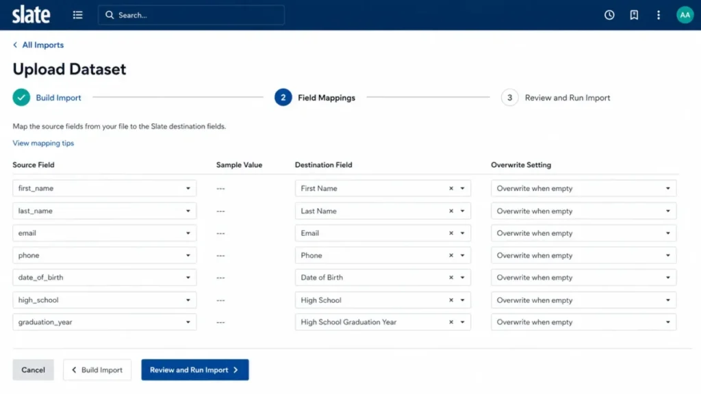 Slate Upload Dataset interface showing source fields, destination mappings, overwrite settings, and the Review and Run Import control.