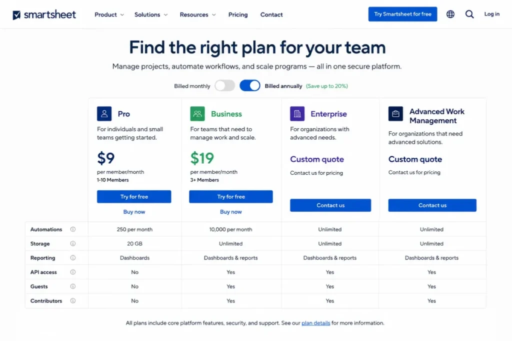 Smartsheet pricing comparison showing Pro at $9, Business at $19, Enterprise, and Advanced Work Management plans