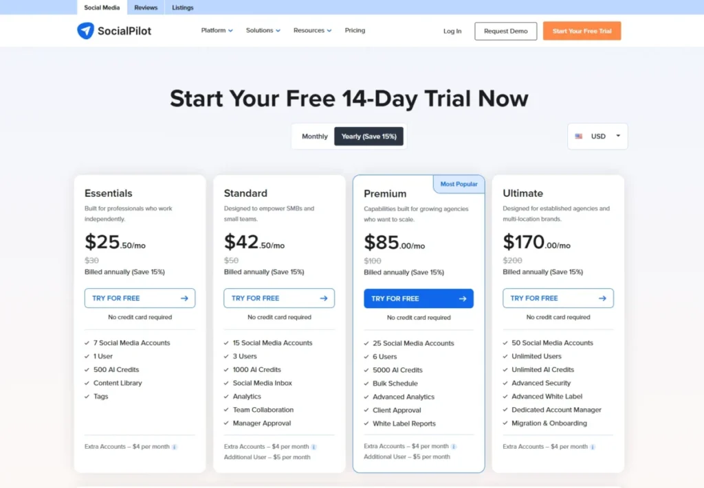 SocialPilot pricing page showing Essentials, Standard, Premium, and Ultimate plans with yearly billing and a 14-day free trial