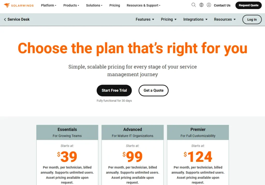 SolarWinds Service Desk pricing page showing Essentials, Advanced, and Premier plans