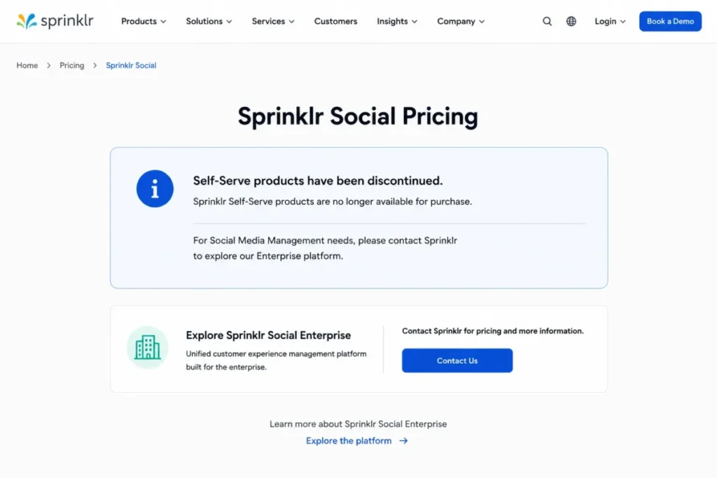 Sprinklr pricing page showing a notice that Self-Serve products have been discontinued and directing users to contact Sprinklr for Enterprise solutions